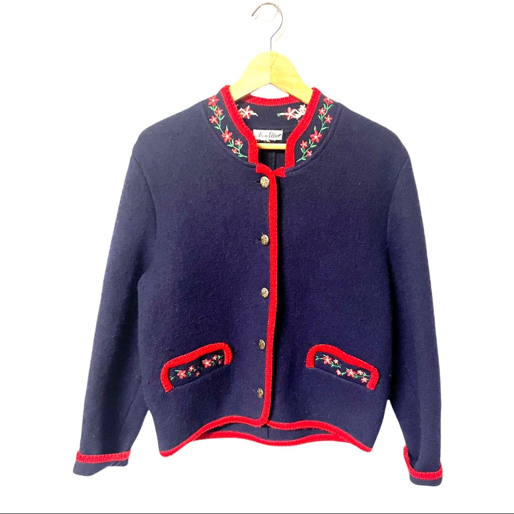 Nan Elliot vintage adorable nubby wool Grandma cardigan sweater w/floral pockets